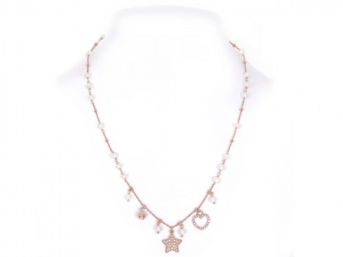 collana in argento color rosa con perle, campanella chiama angeli e stella e cuore con zirconi